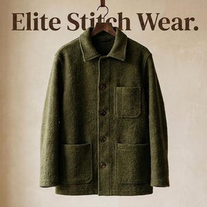 Op de afbeelding: Olijfgroene jas met een kraag, knoopsluiting en vier voorzakken. De jas hangt aan een houten kleerhanger. De tekst "Elite Stitch Wear" staat boven de jas.