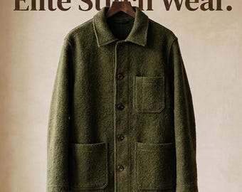 Olijfgroene jas van gekookte wol | Getextureerde Field-jas heren, minimalistische werkkleding
