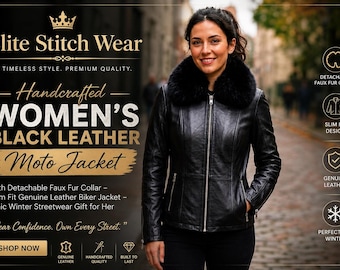 Zwart leren motorjack dames met afneembare bontkraag, slim fit echt leren bikerjack