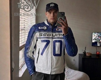 Vintage Racing Spirit: oversized blauw-wit leren bikerjack