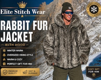 Oversized konijnenbontjack met capuchon, parka in Vikingstijl, winterwarmte