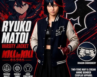 Ryuko Matoi Varsity Jacket - Kill la Kill Anime Streetwear Bomber - Cosplaykleding geborduurde draak - Marineblauw en crème premium jack