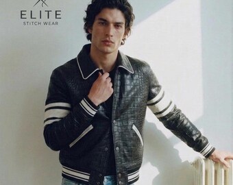 Varsity-jack heren krokodillenleer - zwart-wit bomberjack - luxe streetwear