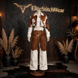 Peut inclure: Un ensemble composé d'une veste courte et d'un pantalon taille haute avec un motif de taches de vache marron et blanc. La veste présente un col, des manches longues et des boutons. Le pantalon a une coupe large et une fermeture à bouton.