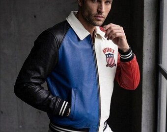Leren driekleurige herenvarsityjack – streetwear bomberjas