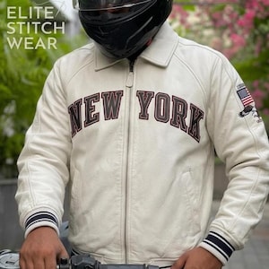 Vintage New York Leather Bomber Jacket - Off-White Racing Style