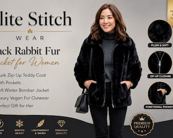 Zwart konijnenbontjack voor dames, luxe teddyjas van imitatiebont, zachte winterbommenwerper