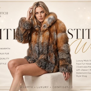 May include: A multi-tone faux fur hooded parka jacket with a zip. The jacket is brown, grey, and orange. The image includes the text "ELITE STITCH WEAR" and "ULTIMATE WARMTH".