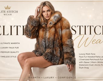 Meerkleurige parka met patchwork namaakbont en capuchon – oversized shag-jas in poolvosstijl