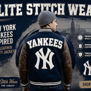 Può includere: Una giacca varsity blu navy con maniche in pelle marrone, un berretto grigio e scritte bianche sul retro che recitano YANKEES con il logo della squadra. Il testo ELITE STITCH WEAR, NEW YORK YANKEES INSPIRED e WOOL LEATHER VARSITY JACKET è visibile.