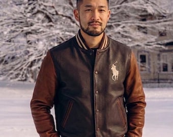 Op maat gemaakt bruin leren varsityjack - Elite Stitch Wear Letterman-bomberjack heren