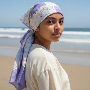 Vintage Fabric Patchwork Scarf 35x35 - Purple Floral Boho Square Wrap with Lace Trim Handmade