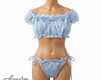 Off Shoulder Lingerie Set, Ruffle Lace Bra and Panty, Cute Sheer, Bridal Lingerie, Romantic Gift