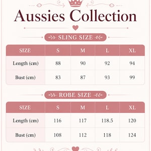 以下が含まれることがあります： Aussies Collectionのサイズチャート。スリングとローブのサイズが記載されています。長さとバストのサイズはセンチメートルで、SからXLまであります。スリングの長さは88cmから94cm、バストは83cmから99cmです。
