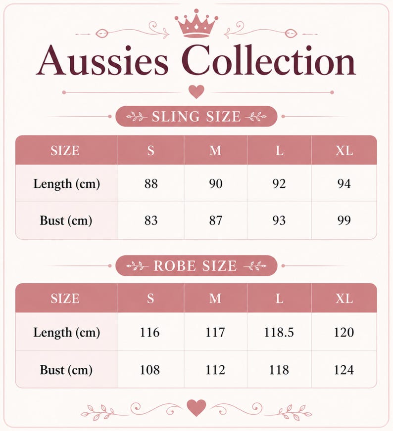 以下が含まれることがあります： Aussies Collectionのサイズチャート。スリングとローブのサイズが記載されています。長さとバストのサイズはセンチメートルで、SからXLまであります。スリングの長さは88cmから94cm、バストは83cmから99cmです。