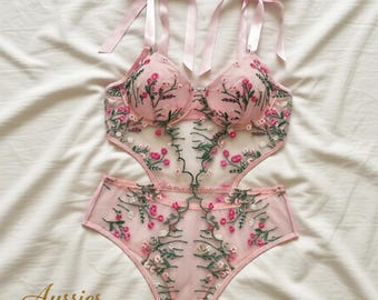 Body de malla, lencería Teddy transparente con estampado floral, body de encaje romántico, lencería bordada para mujer