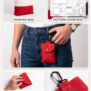May include: A red and white tote bag with red handles. The bag is shown with a pattern overview, a folding demo, and a durability detail. The bag body is 38 cm tall and 40 cm wide. The pouch is 11 cm by 7 cm.