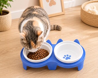Elevated Double Cat Bowl with Stand, Paw Print Design Pet Feeder