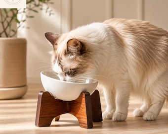 Handmade Ceramic Pet Bowl with Wooden Stand | Elevated Feeder for Dogs Cats