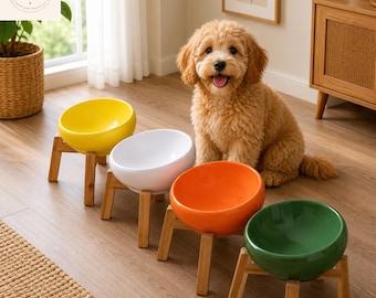 Ceramic Pet Bowl with Handmade Wooden Stand | Raised Dog Cat Feeder