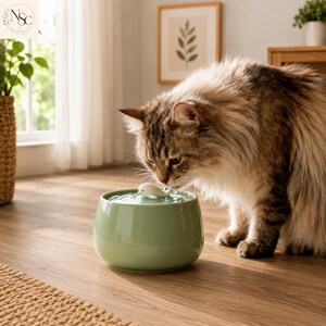 May include: A round, sage green ceramic pet water fountain featuring a small, white, whale-shaped spout in the centre. The fountain is filled with water, and a long-haired, brown and white tabby cat is drinking from the flowing water stream.