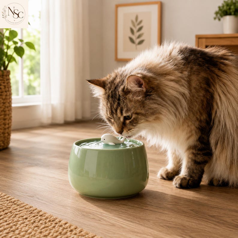 May include: A round, sage green ceramic pet water fountain featuring a small, white, whale-shaped spout in the centre. The fountain is filled with water, and a long-haired, brown and white tabby cat is drinking from the flowing water stream.