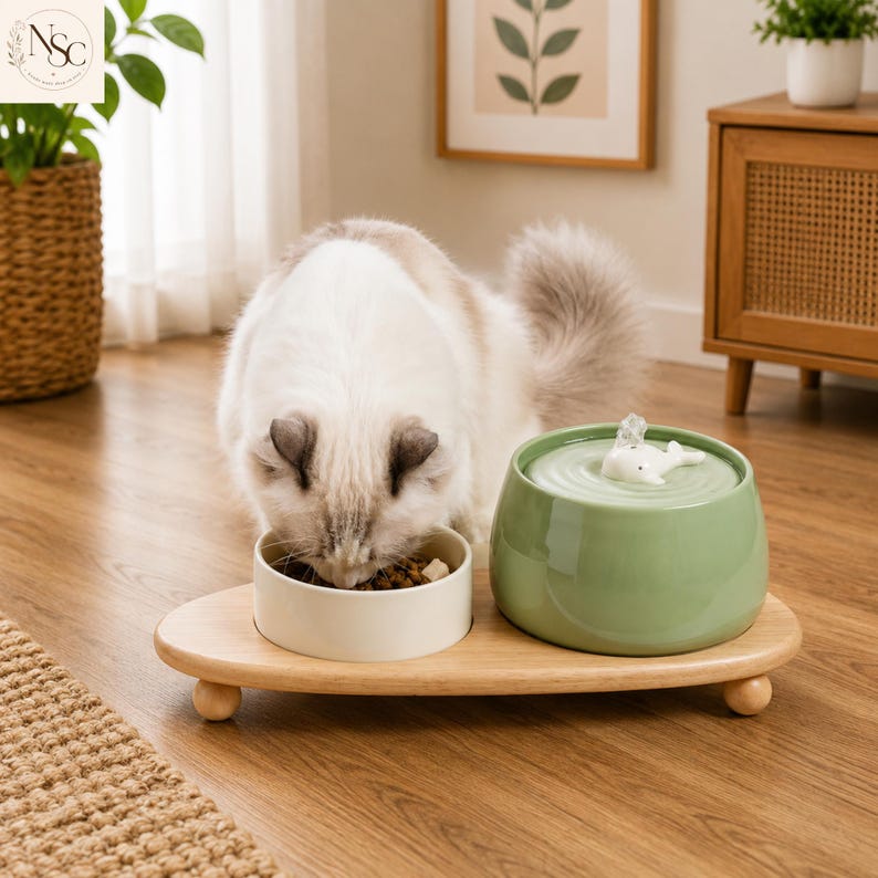 May include: A light-coloured cat eats from a small white ceramic bowl placed on a wooden stand next to a sage green ceramic water fountain. The fountain features a small white whale-shaped topper and a rippled surface design for flowing water.