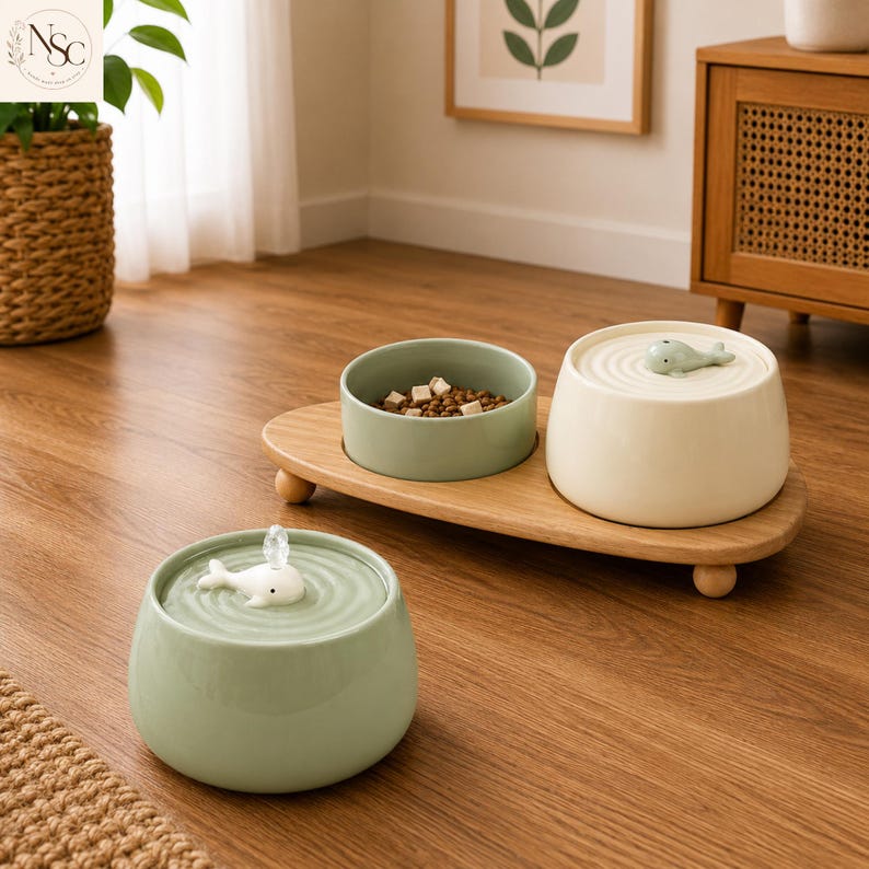 May include: A pet feeding station featuring a light green ceramic food bowl and a cream-coloured ceramic water fountain on a wooden stand, plus a separate light green ceramic water fountain, both topped with small white whale figurines.