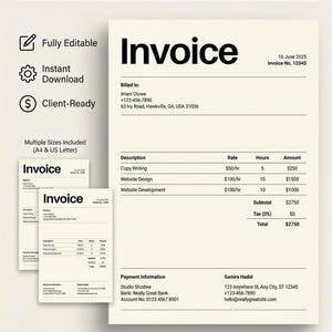 May include: A digital download invoice template with a minimalist design. The invoice includes fields for billing information, a description of services, rates, hours, and amounts. The template is available in multiple sizes, including A4 and US Letter.
