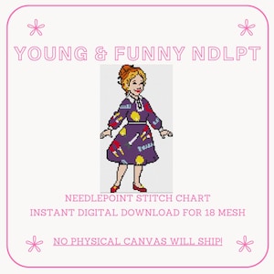 May include: A needlepoint stitch chart featuring a pixelated illustration of a person with orange hair wearing a purple dress with various colorful icons. The text reads YOUNG & FUNNY NDLPT, NEEDLEPOINT STITCH CHART, INSTANT DIGITAL DOWNLOAD FOR 18 MESH.