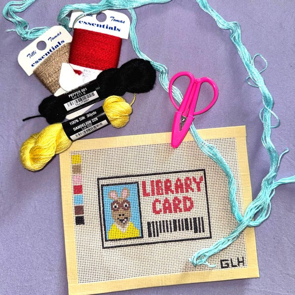 Cartoon Library Card / Hand Painted Needlepoint Canvas