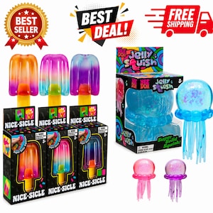 May include: Colorful squishy toys in the shape of popsicles and jellyfish. The popsicles come in orange, purple, and blue, with the text "NICE-SICLE" on the packaging. The jellyfish are pink, purple, and blue, with the text "Jelly Squish".