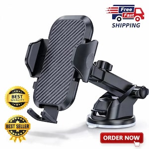 Może przedstawiać: Czarny uchwyt samochodowy na telefon z wzorem z włókna węglowego na uchwycie telefonu. Uchwyt posiada podstawę z przyssawką i regulowane ramię. Zawiera złote pieczęcie "Best Quality" i "Best Seller".