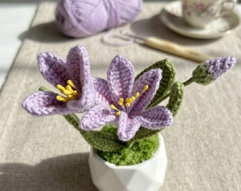 Flor rosa tejida a crochet en una maceta, decoración de escritorio, decoración de oficina en casa, idea de regalo para cumpleaños, aniversarios y bodas.