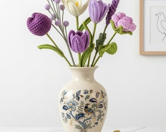 Gehäkelter Blumenstrauß, Tischdeko Blumen Geschenk, Ewige Blumen, Hochzeitsgeschenk, Lila oder Blau, ohne Vase