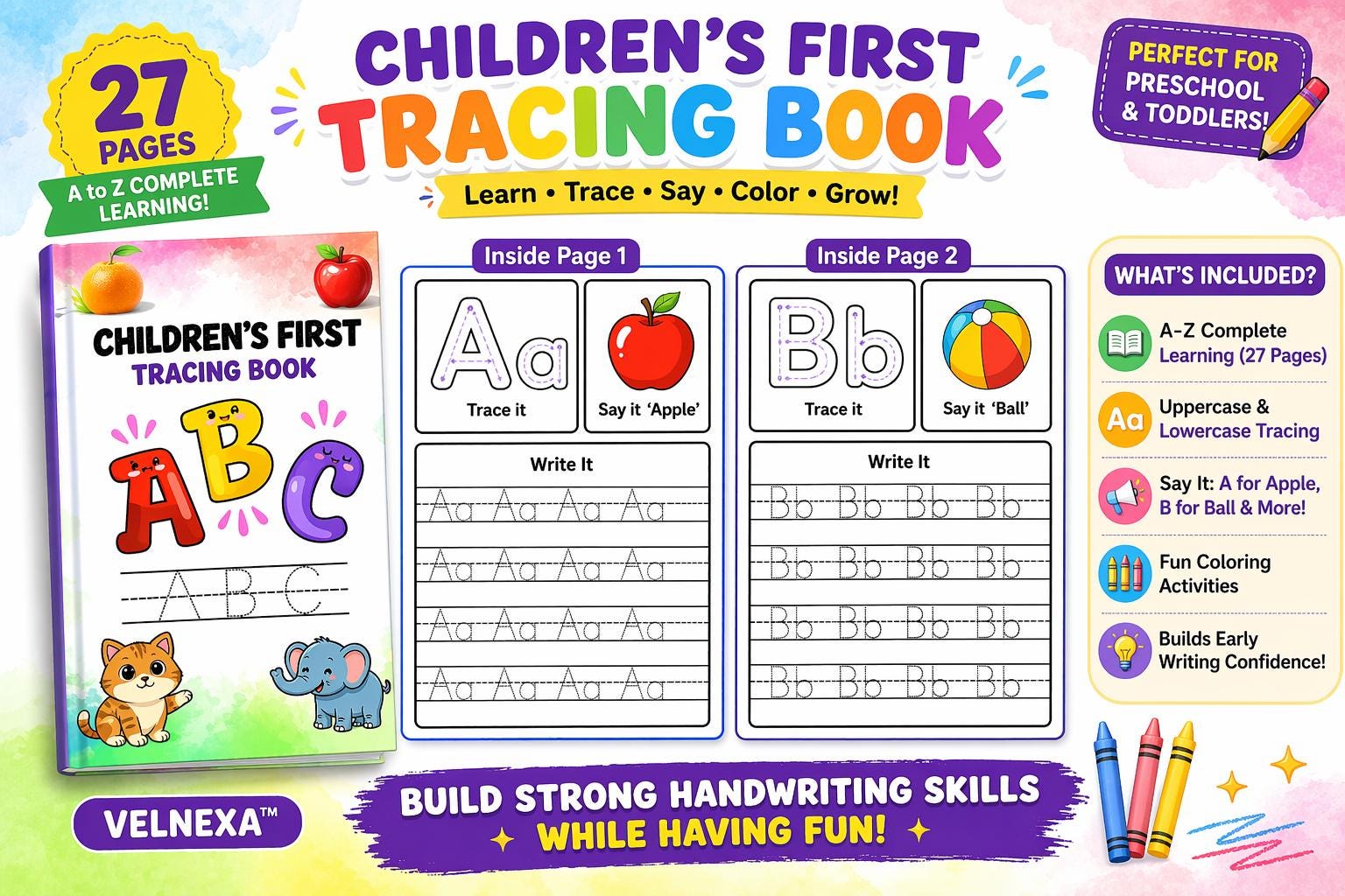First Trace Box Kids A-Z Tracing Book Printable A4, Alphabet Handwriting Practice ...