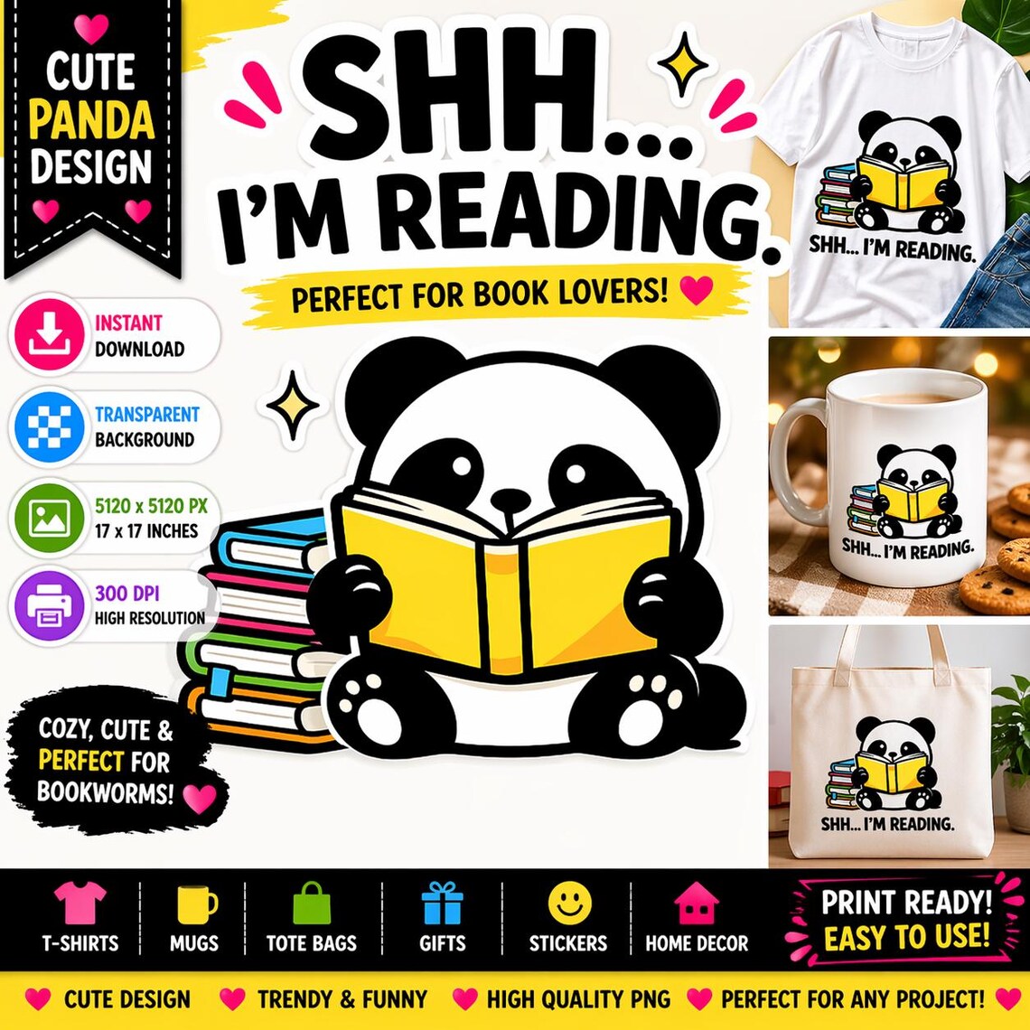 Cute Panda Reading PNG Sublimation Book Lover Cartoon Quote Design ...