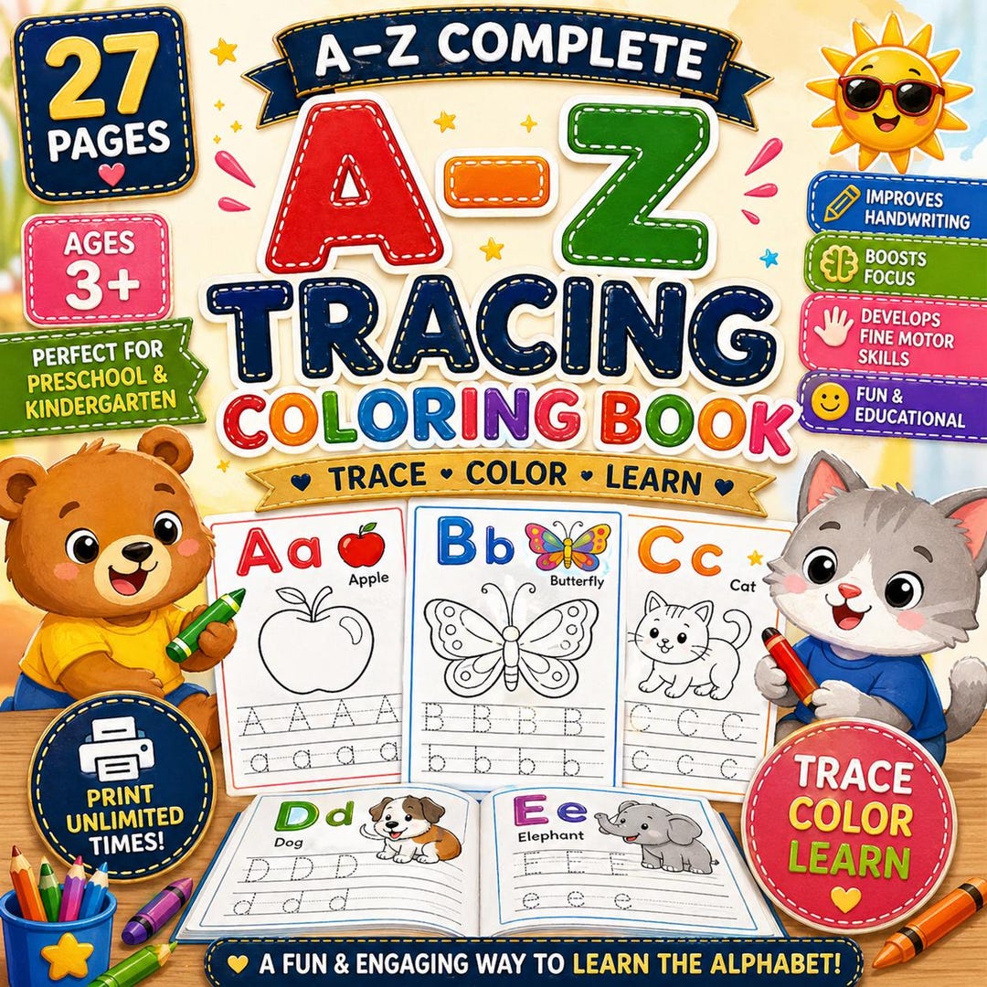 Kids A-Z Tracing Coloring Book Printable Alphabet Practice Workbook ...