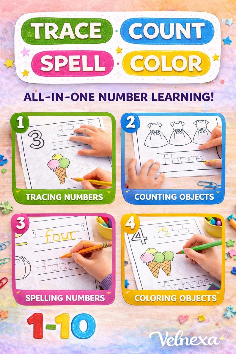 Kids Number Tracing Book 1-10 Printable A4, Counting & Spelling ...