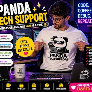 Puede incluir: Camiseta blanca con un gráfico de panda con gafas y trabajando en una computadora portátil, con el texto "Panda Tech Support". La imagen también incluye una taza, pegatinas y otros elementos de diseño digital.