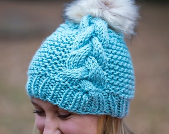 Pom pom hat, Slouchy beanie, Girls braided beanie, cable knit hat, winter hat