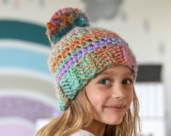 Crochet Pattern- Crochet beanie- Crochet pom pom hat- crochet hat pattern- rainbow beanie- easy crochet pattern -crochet ribbed brim pattern