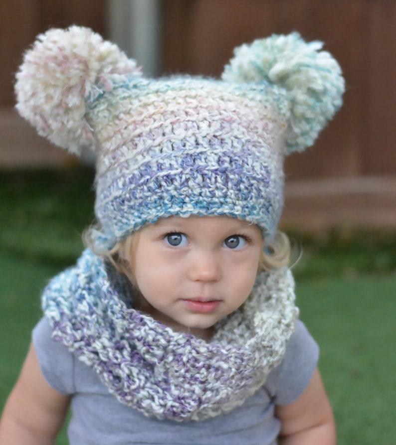Crochet Pattern Double Pom Pom Hat Scarf SET, Toddler Cowl, Toddler ...
