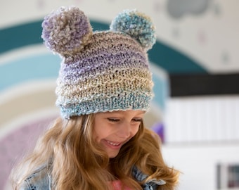 Strickanleitung- Stricken Doppel-PomPom-Muster, Kinder-Bommelmützen-Muster, Grobstrick-Muster, Anfänger-Strickmuster, Kleinkind-Beanie