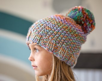 Knitting Pattern- Knit beanie- knit pom pom hat- knit hat pattern- rainbow beanie- easy knit pattern