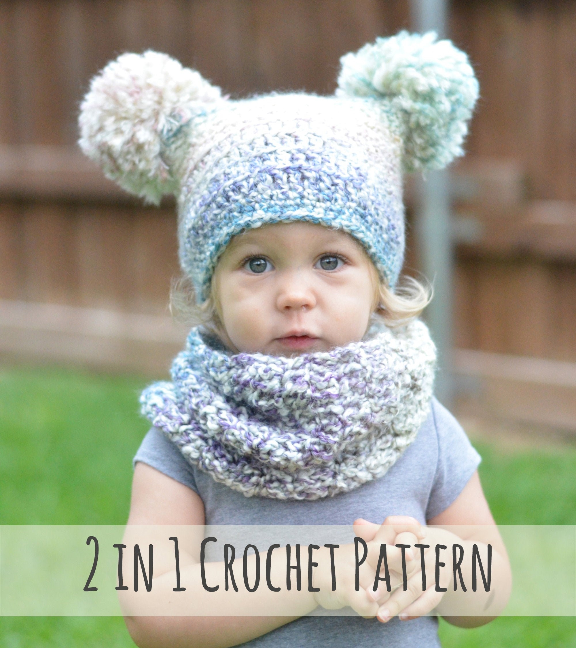 Crochet Pattern Double Pom Pom Hat Scarf SET, Toddler Cowl, Toddler ...