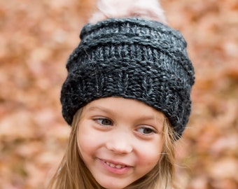 Toddler Pom pom hat, fur pom pom beanie, girls winter hat, slouchy toboggan, knit hat, chunky knit hat