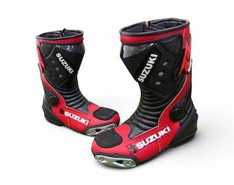 Botas de moto de carreras de cuero rojo y blanco para hombre SUZUKI, homologadas CE, para motos deportivas y de circuito.