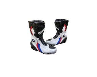 BMW Leather Motorcycle Racing boots, Motorbike Riding Boots, CE Approved Biker boots, Sport Bike Protective boots, MotoGP Style Footwear