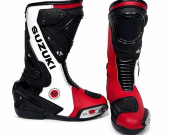 SUZUKI Men's Red White Leather Racing Motorcycle Boots CE Approved Sportbike Track Riding Gear